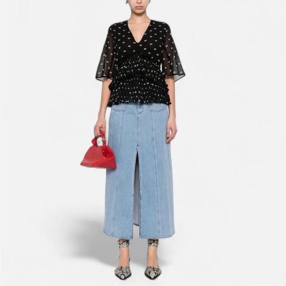 GANNI Black Graphic V Neck Georgette Flounce Blouse Short Sleeve sz 38 US 6 NWT - Picture 8 of 15